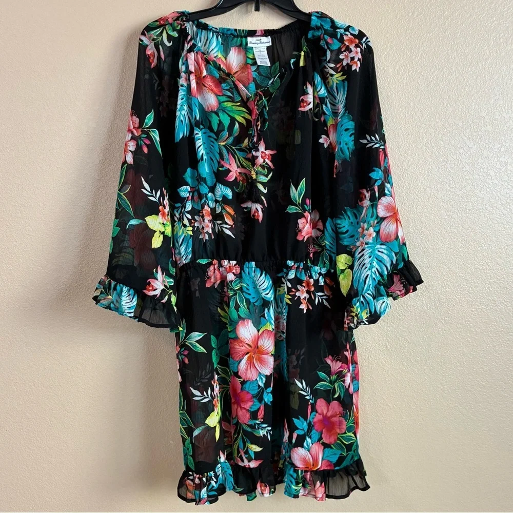 Tommy Bahama Size S Floral Black Ruffle Sheer Tunic‎ Dress Swim Coverup Vacation
